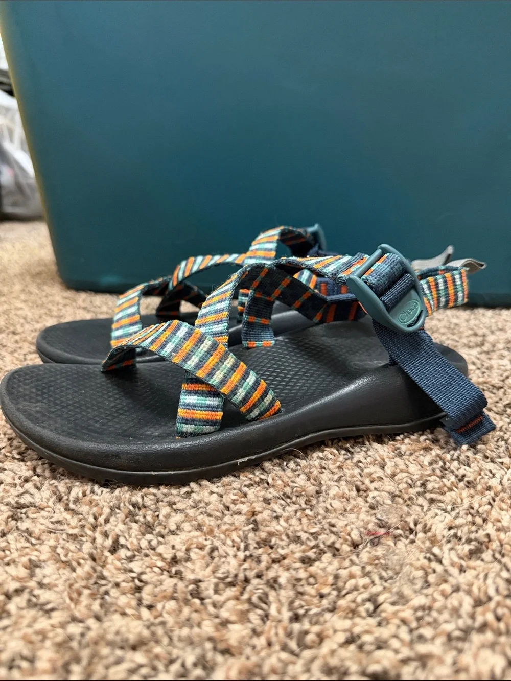 Chaco Kids Black Sandals with Striped Multicolor Webbing